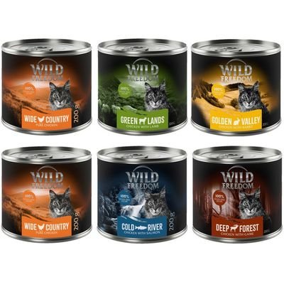 Wild Freedom Adult 6 x 200 g - getreidefreie Rezeptur, Mixpaket 1 (Huhn, Lachs, Lamm, Kaninchen, Wild)