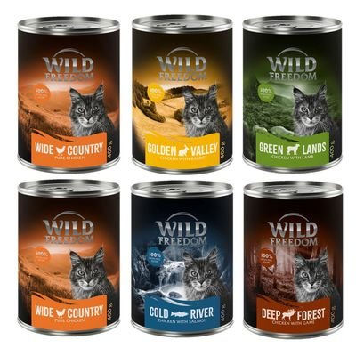 Wild Freedom Adult 6 x 400 g - getreidefreie Rezeptur, Mixpaket 1 (Huhn, Seelachs, Lamm, Kaninchen, Wild)