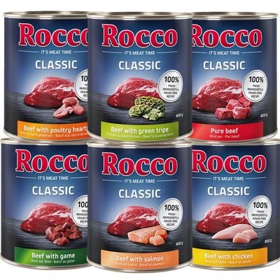 Rocco Classic Probiermix 6 x 800 g, Mix 1: Rind mit Huhn, Lachs, Geflügelherzen, Wild, Grünem Pansen, pur