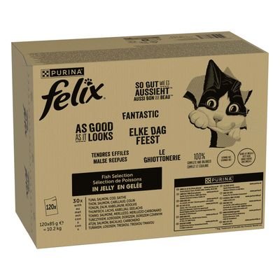 Jumbopack Felix "So gut wie es aussieht" Gelee 120 x 85 g, Fisch Mixpaket 1 (Thunfisch, Lachs, Kabeljau, Seelachs)